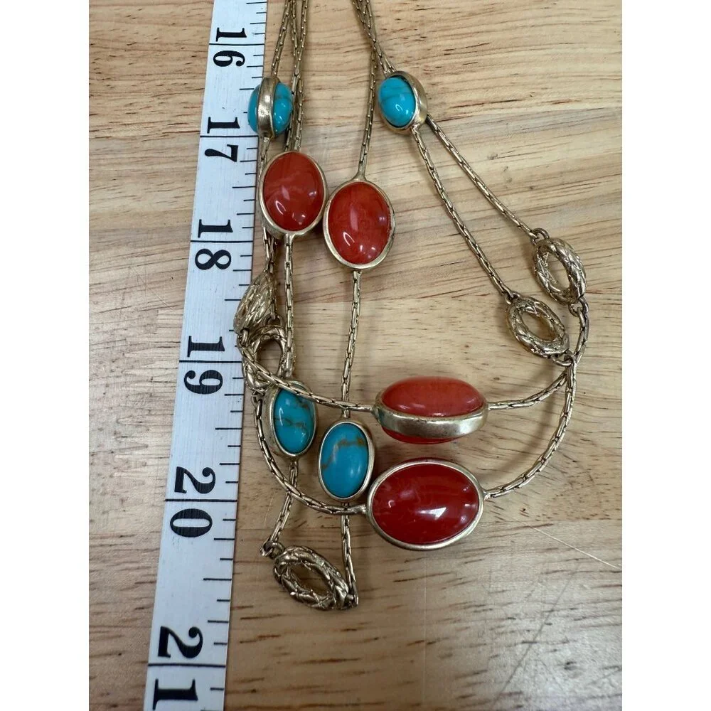 Monet Vintage Gold-Tone Multi-Strand Necklace With Red & Turquoise Cabochon Ston